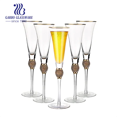 Flauta de champán de 6,7 Oz con vástago, copa de cristal con diseño de diamante, copas de vino con borde dorado de lujo, regalos para boda