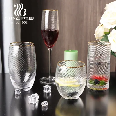 Tazas de agua de cristal de lujo hechas a mano, copa de vino transparente con relieve de 480ml, copa de vino sin tallo con borde dorado